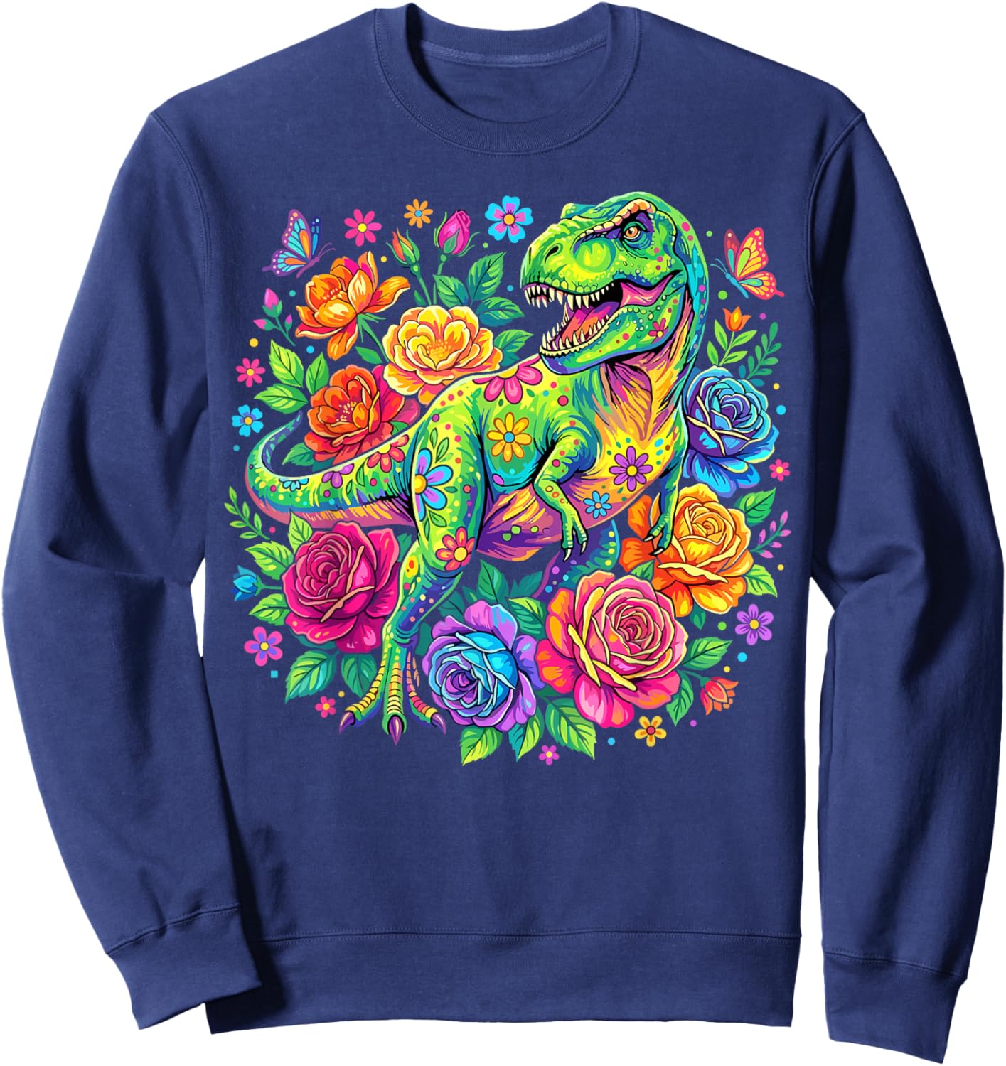 Colorful Floral T Rex Dinosaur Sweatshirt - Sweatshirt | Navy