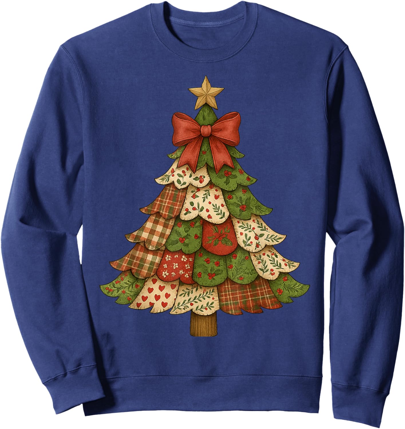 Vintage Patchwork Christmas Tree Retro Merry Christmas Bow Sweatshirt - Sweatshirt | Navy