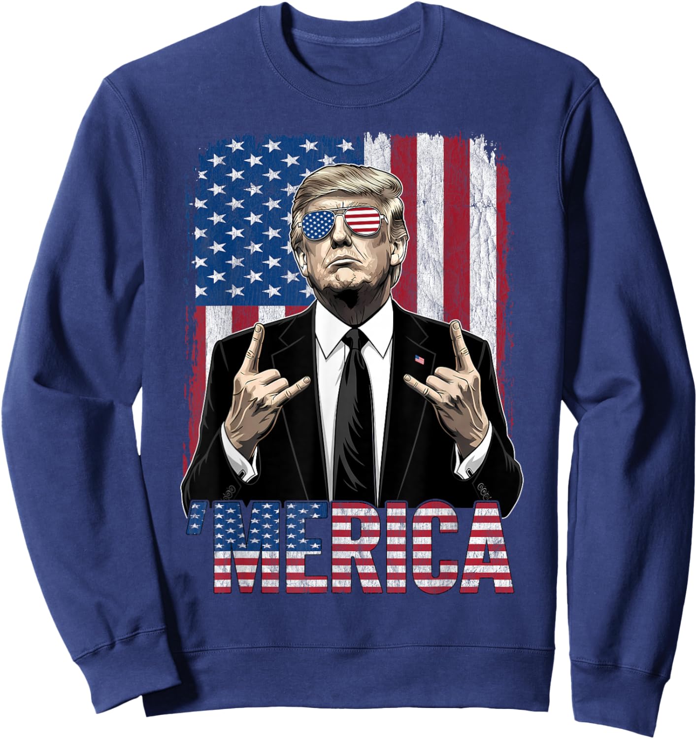 Merica American Funny Trump Patriotic 4th of July USA Flag Sweatshirt - Sweatshirt | Navy
