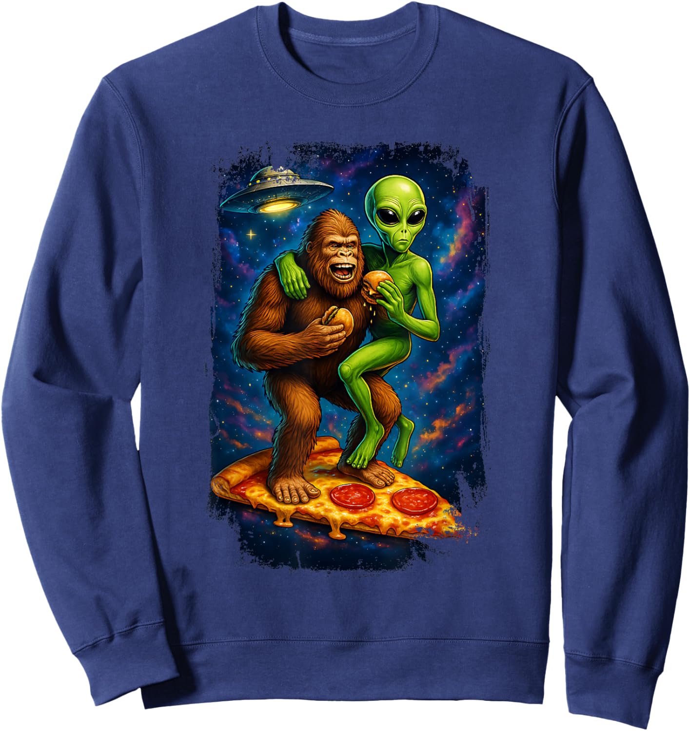 Alien Bigfoot UFO Pizza Galaxy Funny Hamburger Sweatshirt - Sweatshirt | Navy