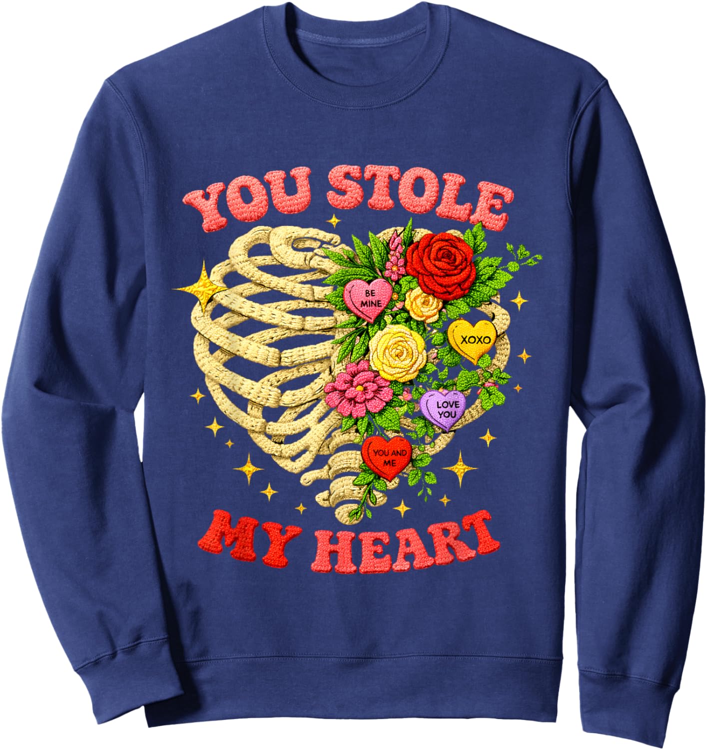 You Stole My Heart Embroidered Skeleton Valentine Art Sweatshirt - Sweatshirt | Navy