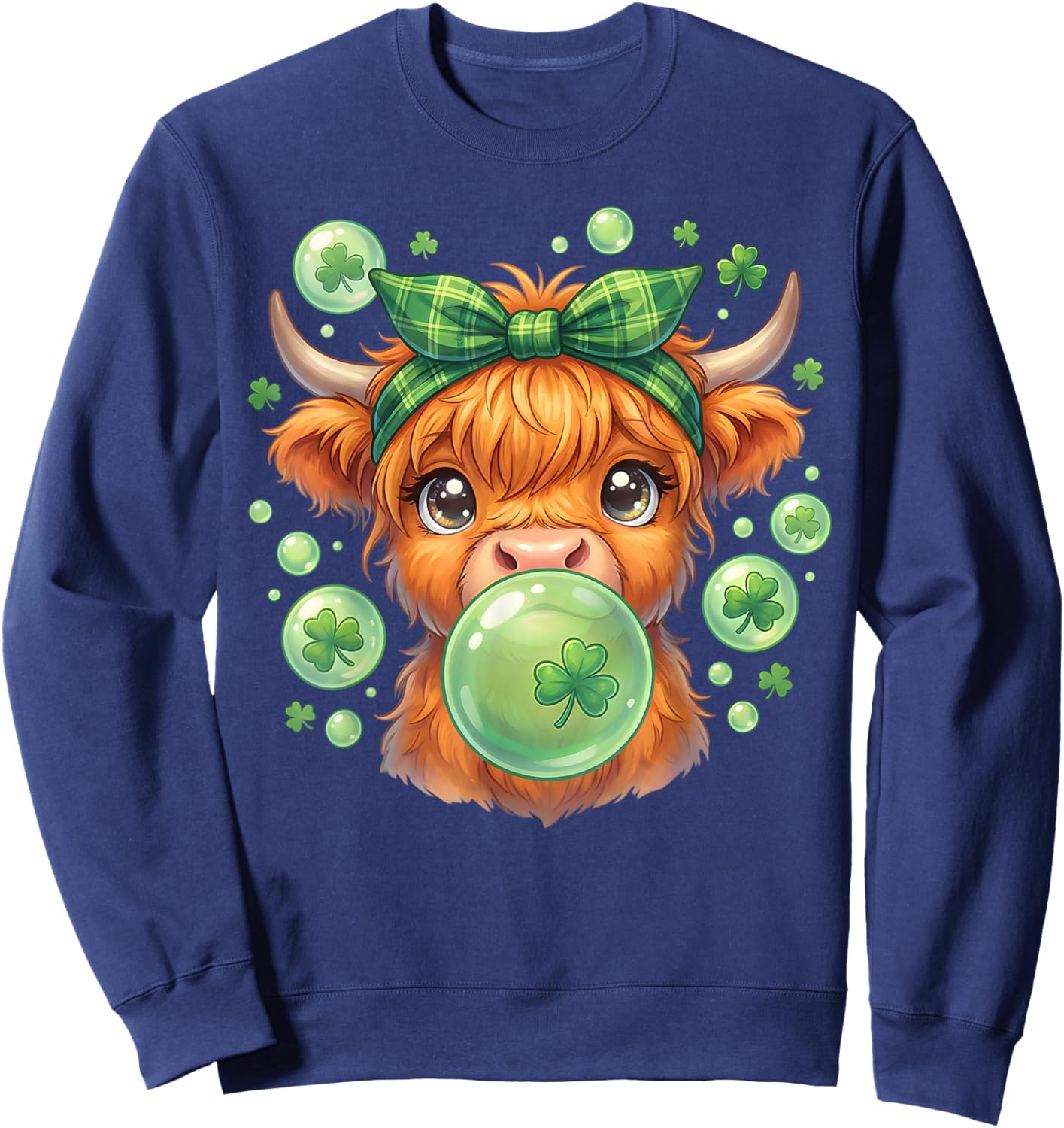 Highland Cow Blowing Bubblegum Celebrate St Patricks Day Sweatshirt - Sweatshirt | Navy