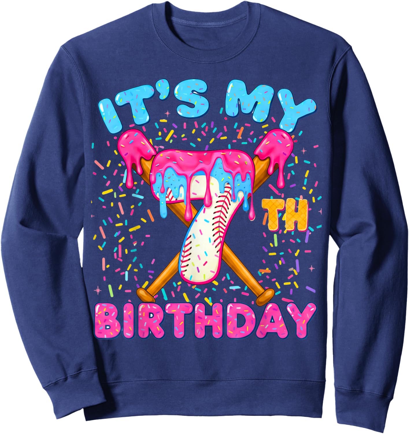 7th Birthday Baseball Seven Ice Cream Drip Boy Baseball Sweatshirt - Sweatshirt | Navy
