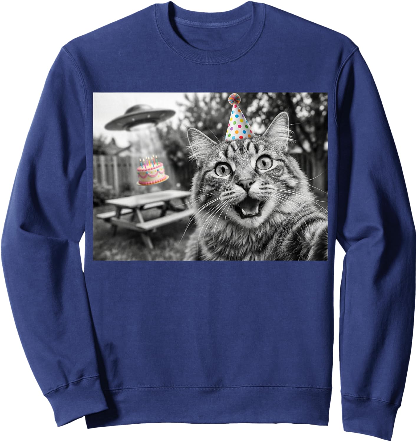 Cat Selfie Birthday Party UFO Alien Abduction Cake Funny Sweatshirt - Sweatshirt | Navy