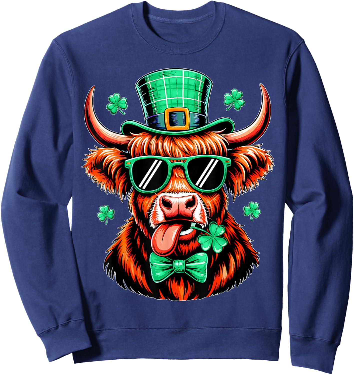 Highland Cow Shamrock St Patricks Day Irish Women Girls Kids Sweatshirt - Sweatshirt | Navy