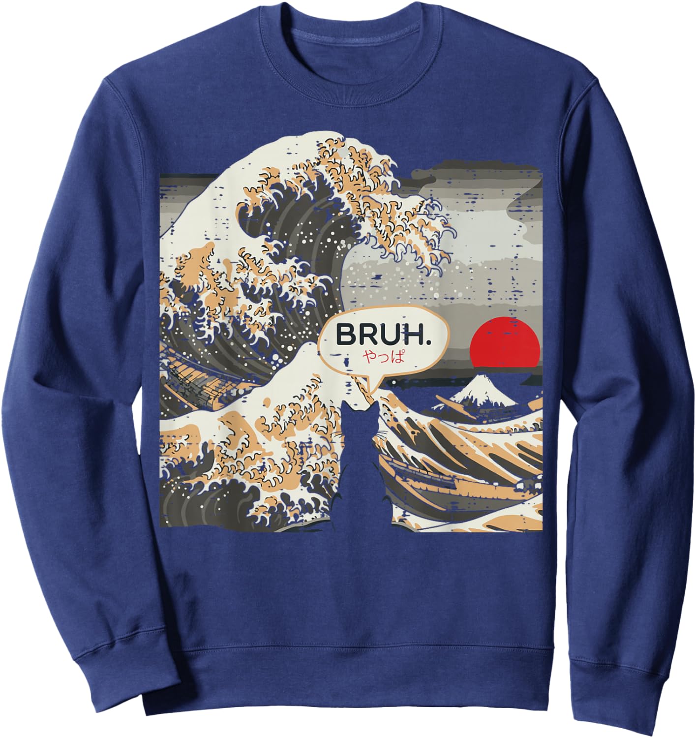 Japanese Great Wave Black Cat Bruh Funny Art Men Women Kids Sweatshirt - Sweatshirt | Navy