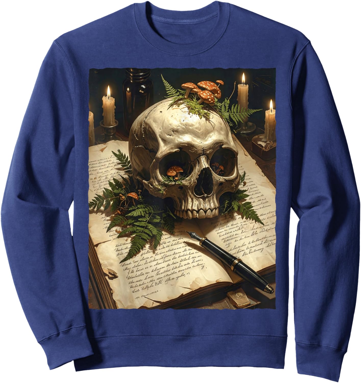 Dark Academia Gothic Mushroom Skull Vintage Book Fern Occult Sweatshirt - Sweatshirt | Navy
