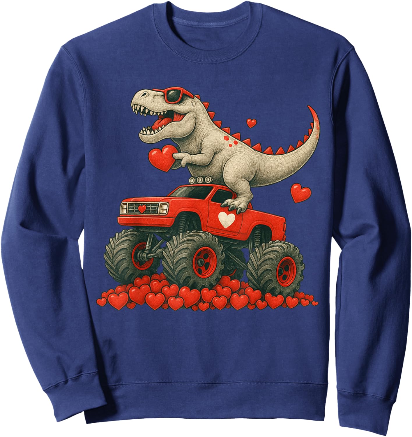 Valentines Day T Rex Riding Monster Truck Funny Toddler Boys Sweatshirt - Sweatshirt | Navy