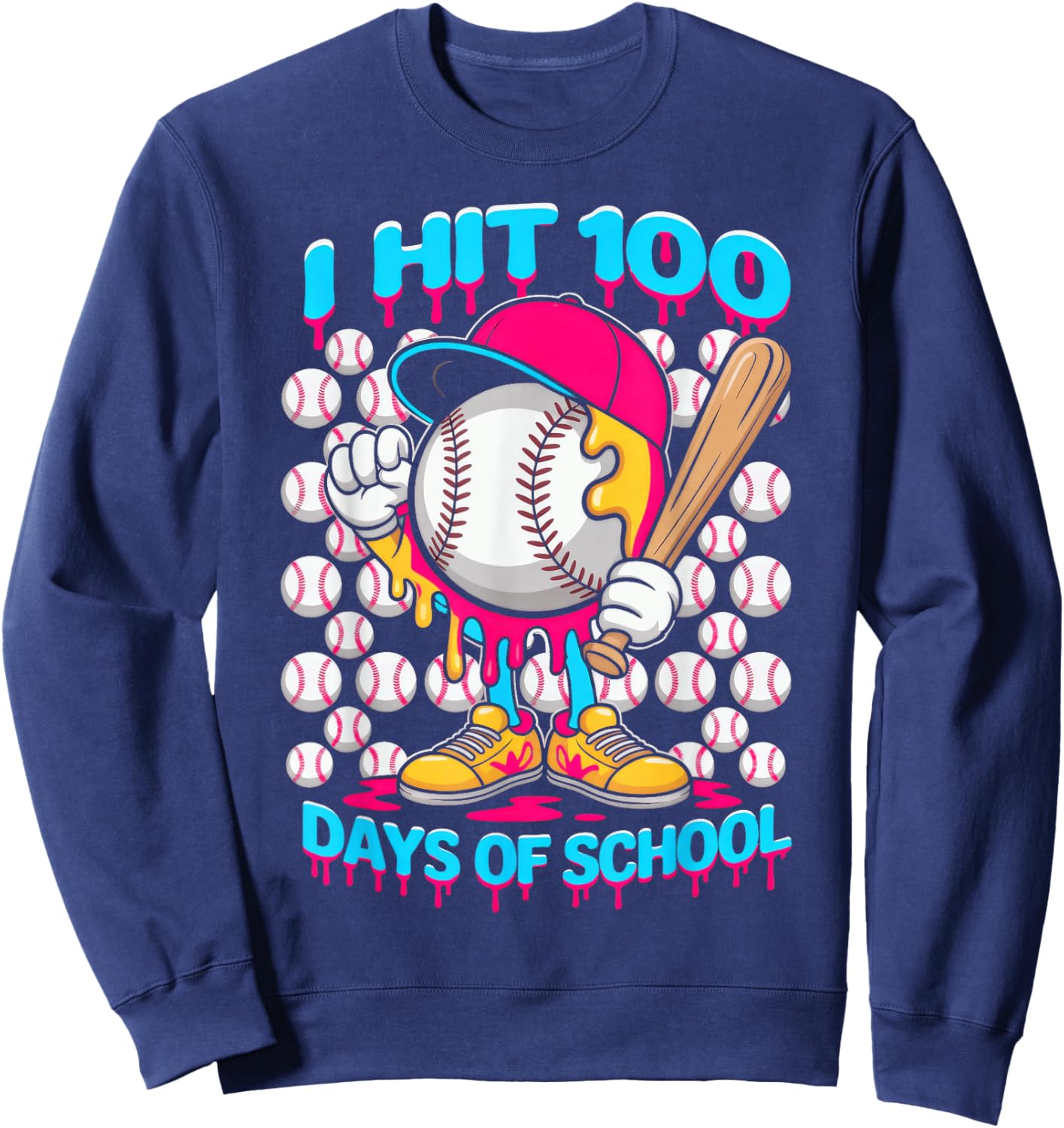 I hit 100 Days of School, Baseball Ice Cream Drip Sweatshirt - Sweatshirt | Navy