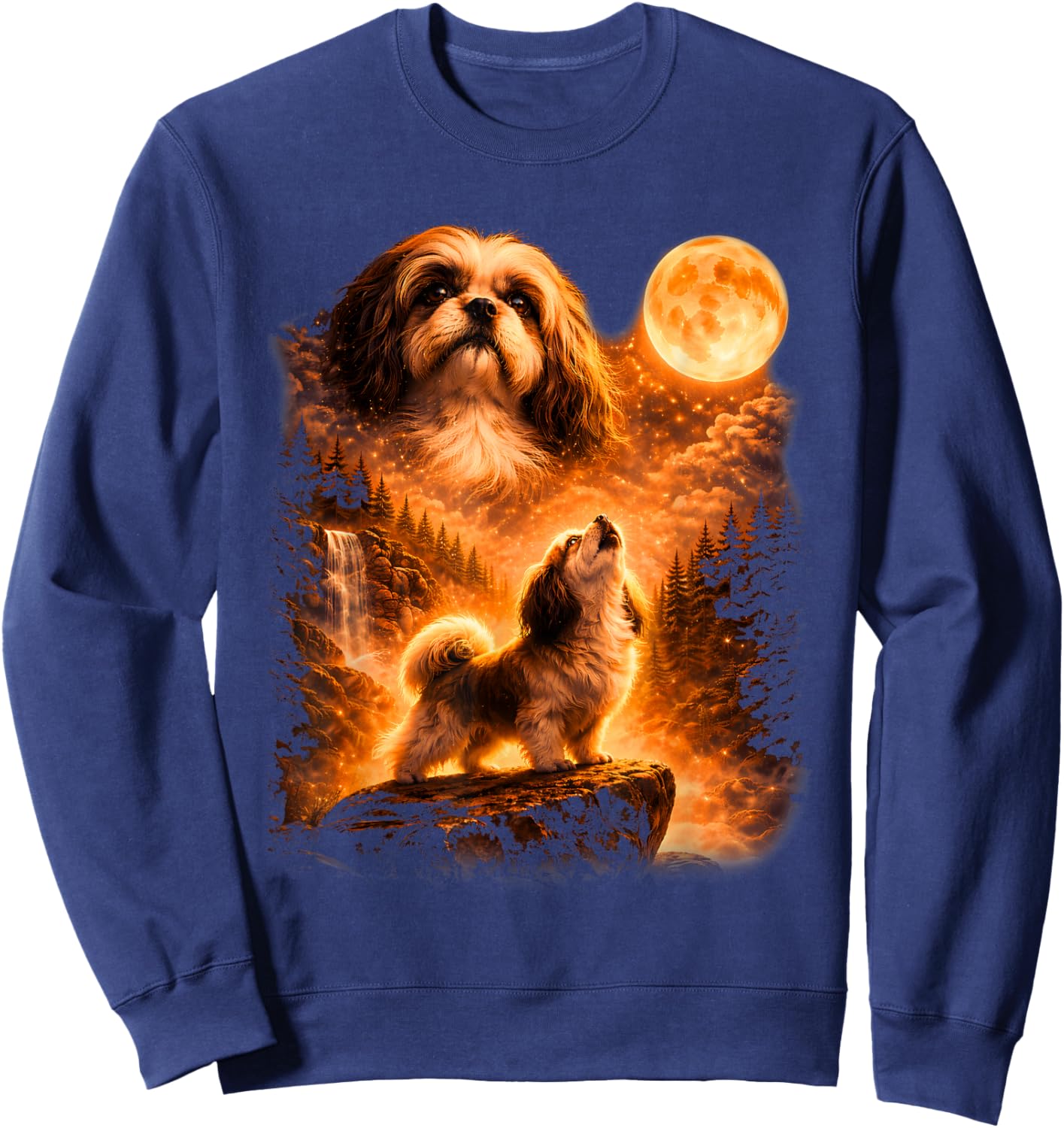 Shih Tzu Howling to The Moon Funny Vintage 90s Dog Lover Sweatshirt - Sweatshirt | Navy