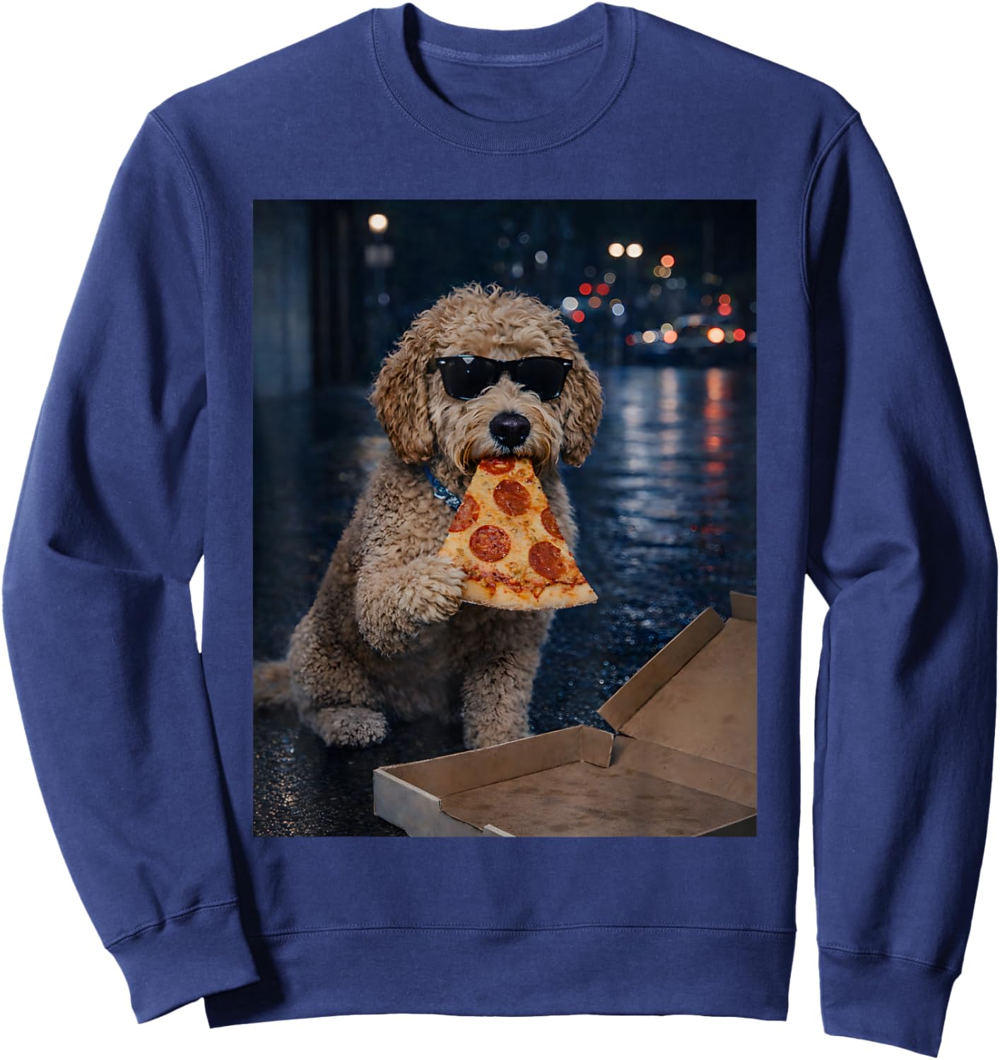 Funny Goldendoodle Dog Eating Pizza Meme Retro Sweatshirt - Sweatshirt | Navy