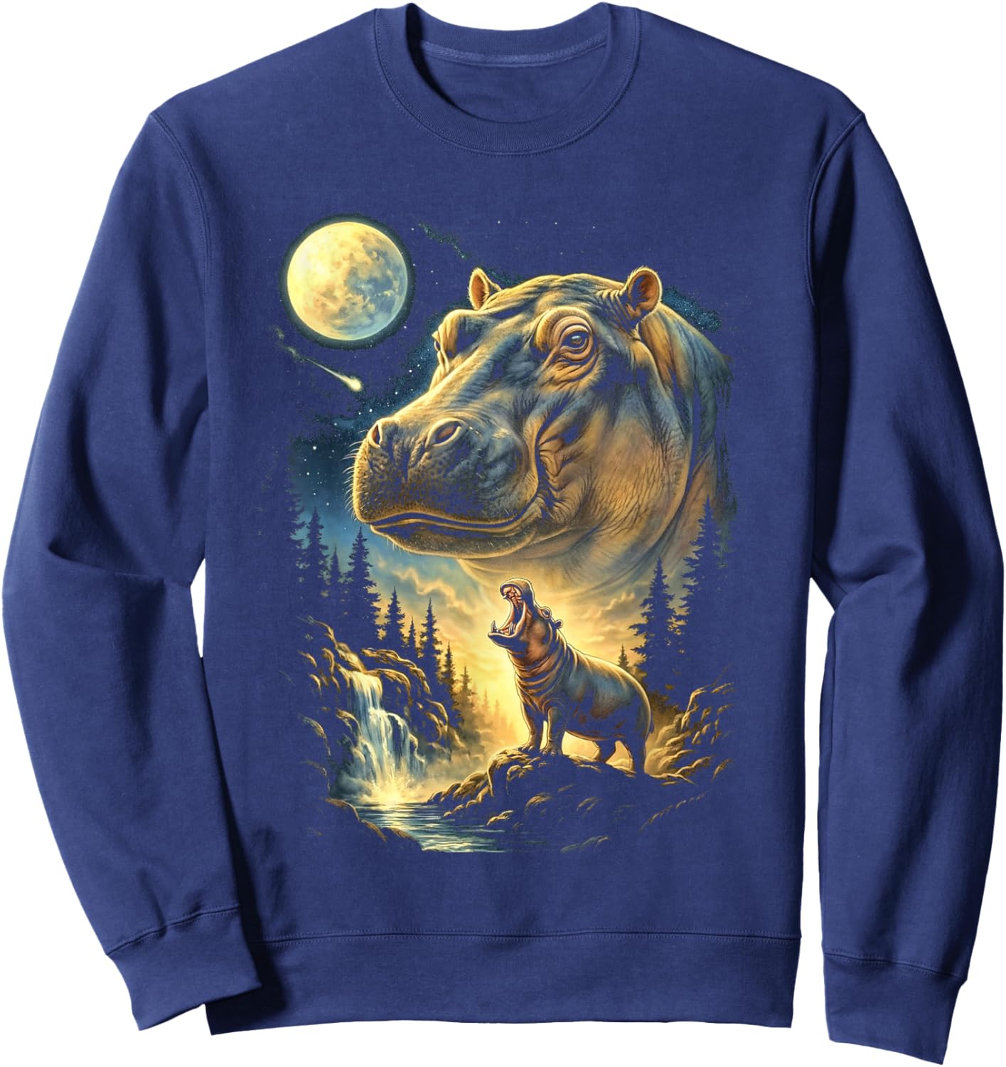 Hippo Howling to The Moon Meme Funny 90's Hippo Hippopotamus Sweatshirt - Sweatshirt | Navy