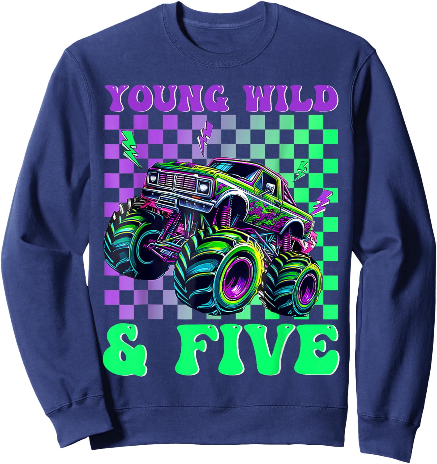 Kids 5th Birthday Boy Monster Truck Young Wild and Five Sweatshirt - Sweatshirt | Navy