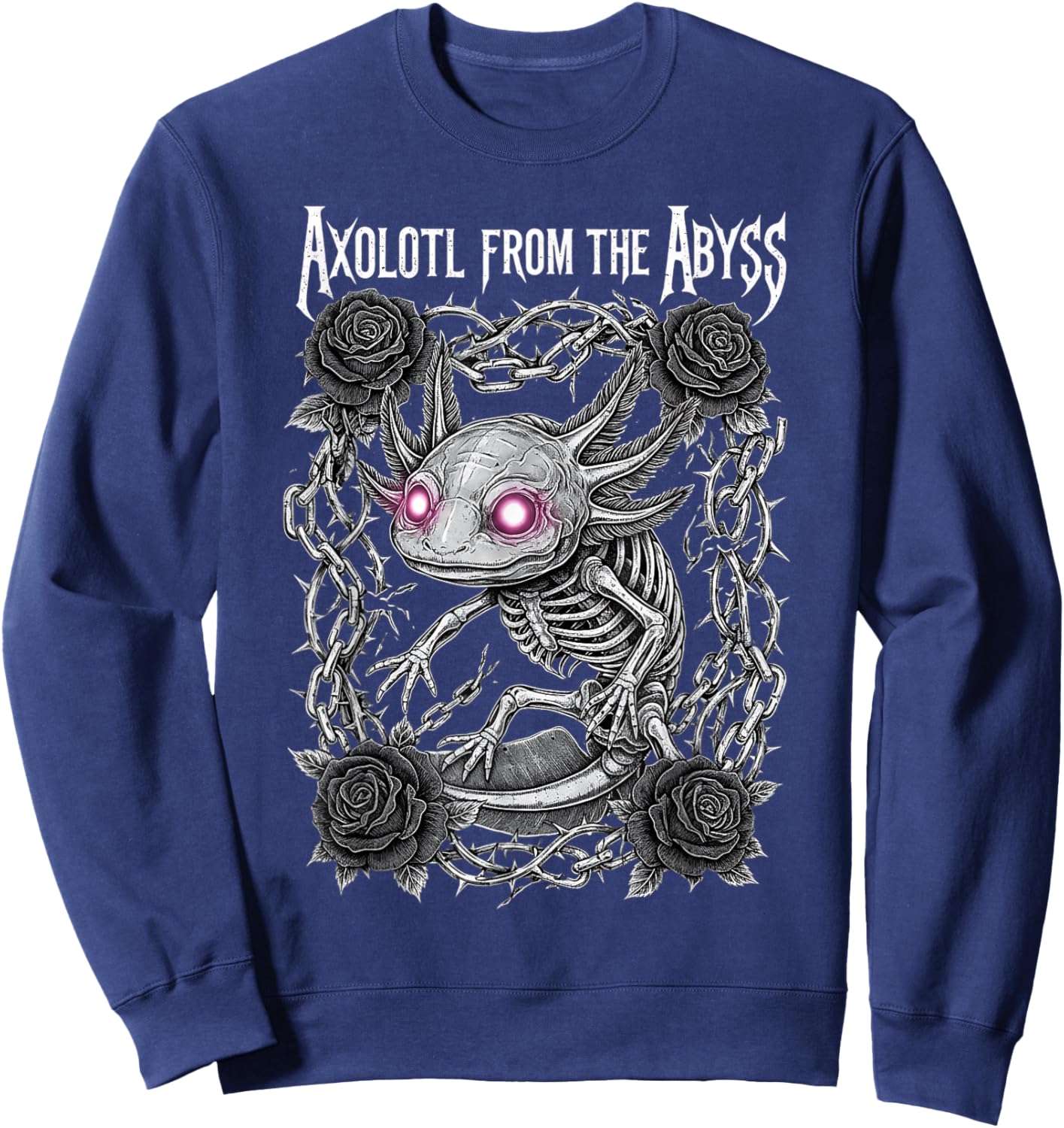 Skeleton Axolotl Gothic Heavy Metal Roses and Chains Sweatshirt - Sweatshirt | Navy