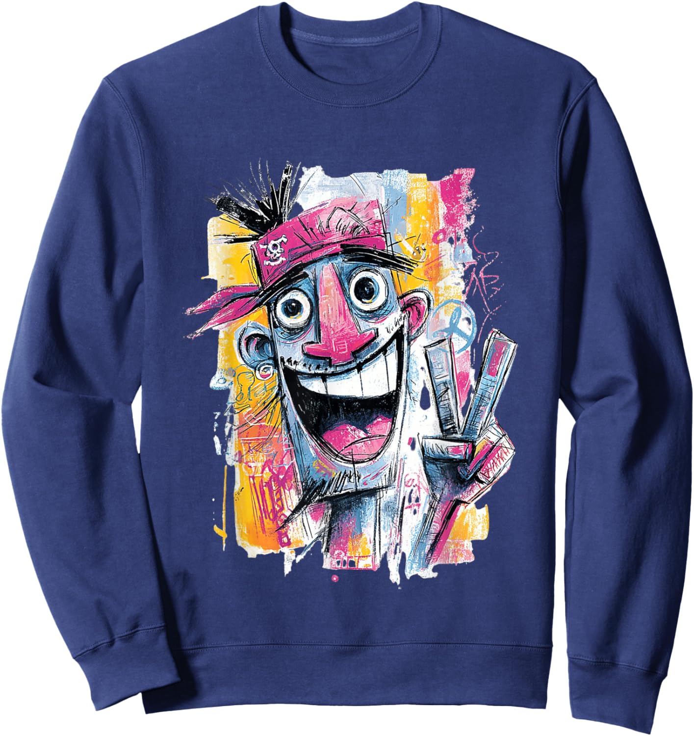 Funny Pirate Peace Graffiti Pop Character Graphic Art Face Sweatshirt - Sweatshirt | Navy