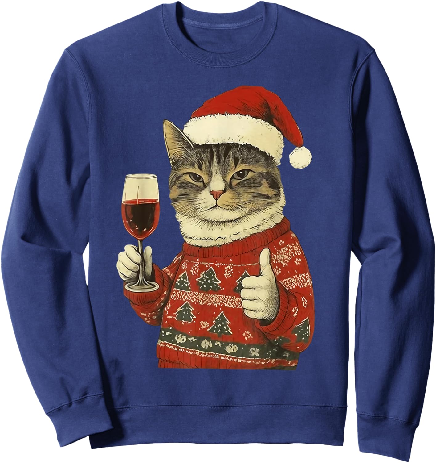 Christmas Cat Likes Cute Cat Drinking Wine with Santa Hat Sweatshirt - Sweatshirt | Navy
