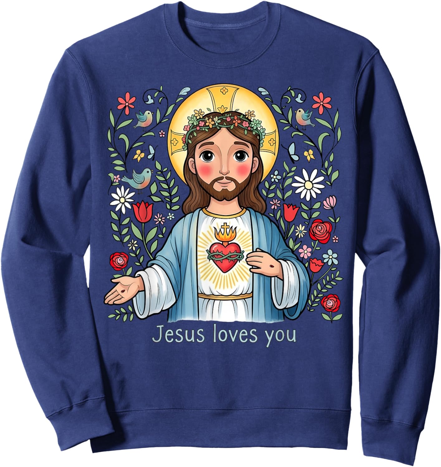 Christian Kids Jesus Loves You Catholic Heart Religious Sweatshirt - Sweatshirt | Navy