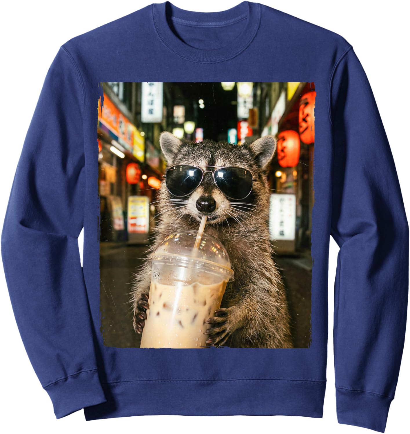 Funny Raccoon Drinking Ice Coffee Men Women Meme Sweatshirt - Sweatshirt | Navy