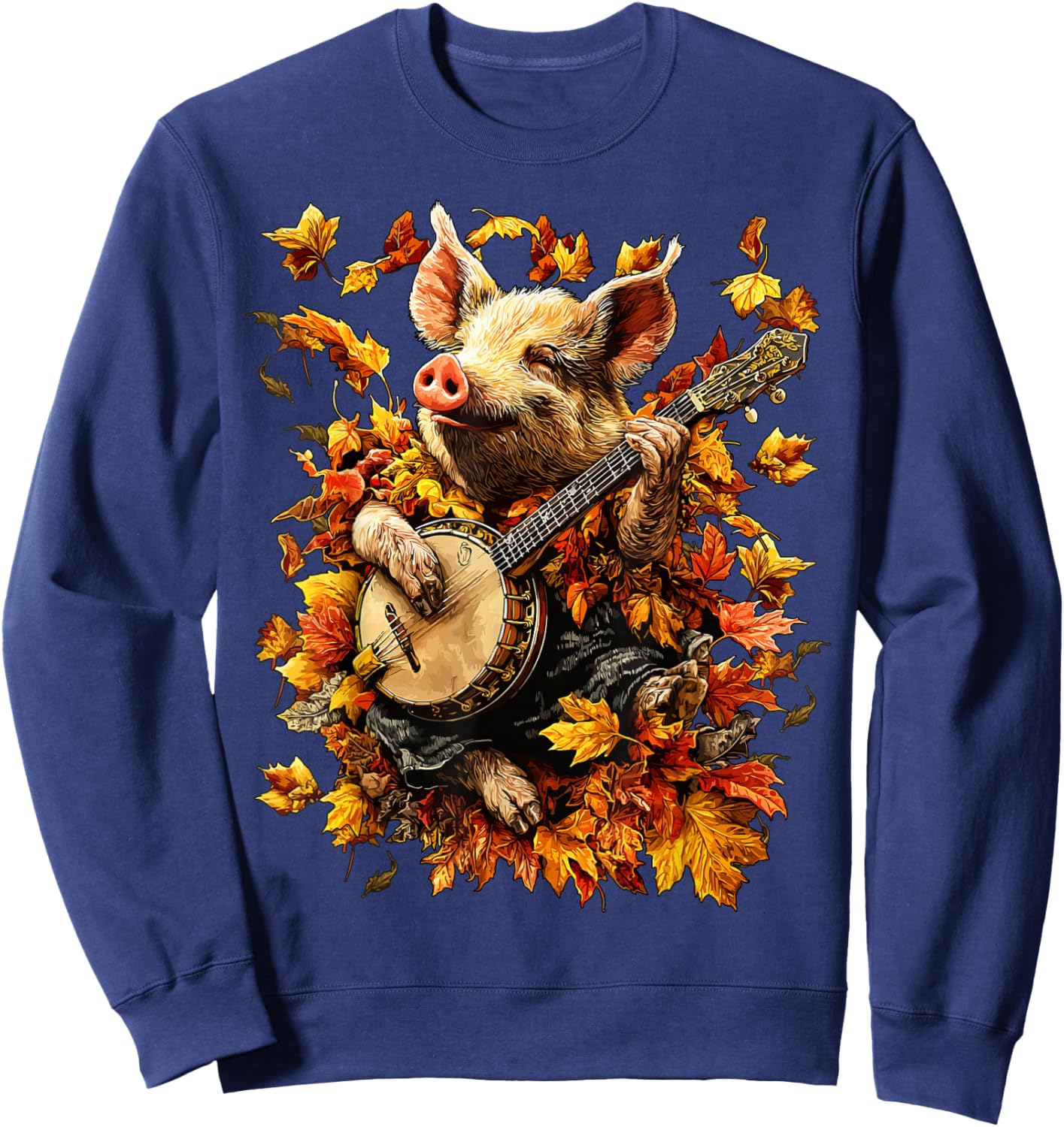Banjoist Pig Playing Banjo Picker Fall Leaves Autumn Animal Sweatshirt - Sweatshirt | Navy