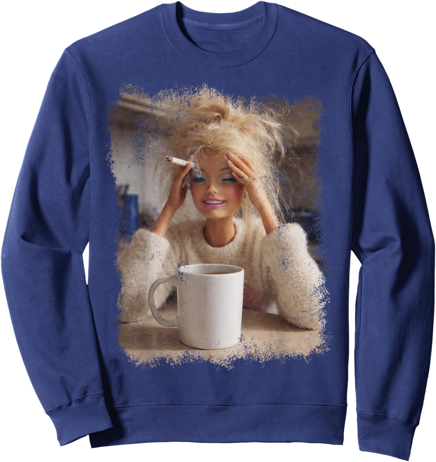 Funny Doll Face Meme Distressed Smoking Doll Meme Hilarious Sweatshirt - Sweatshirt | Navy