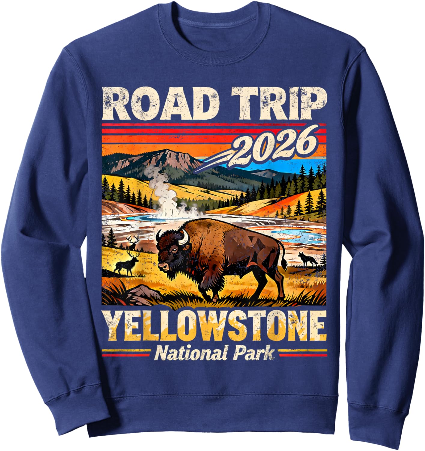 Road Trip 2026 Yellowstone National Park Bison Sweatshirt - Sweatshirt | Navy