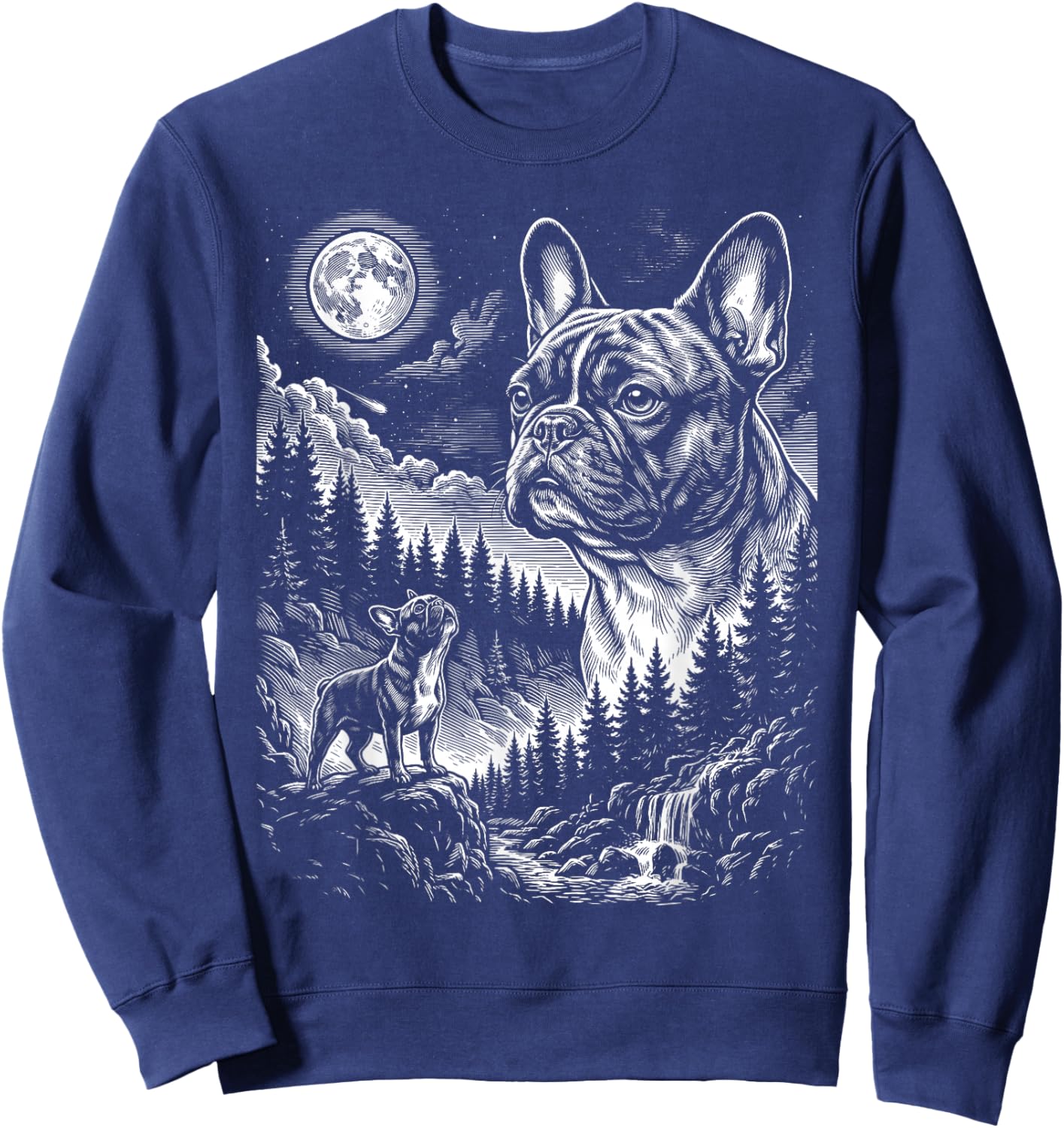 French Bulldog Howling to The Moon Vintage Funny Dog Graphic Sweatshirt - Sweatshirt | Navy