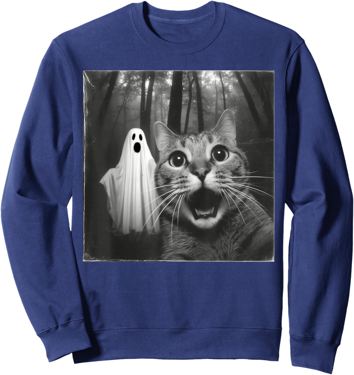 Funny Surprised Scared Cat Selfie with Ghost Halloween Lover Sweatshirt - Sweatshirt | Navy