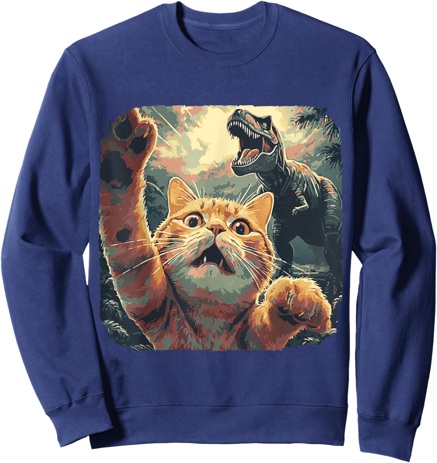 Funny Cat Selfie with T-Rex Dinosaur Cartoon Meme Sweatshirt - Sweatshirt | Navy