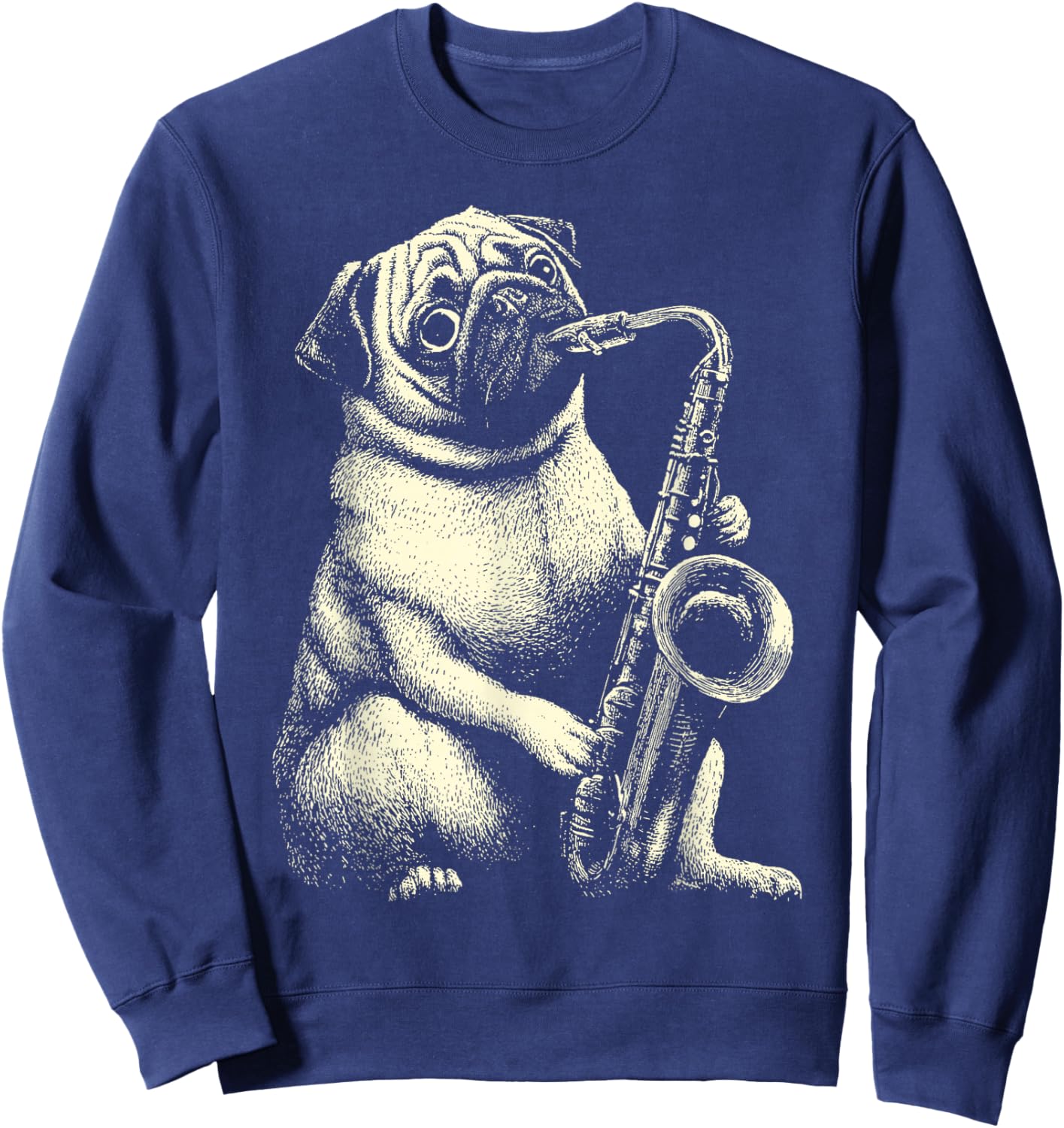 Cute Pug Playing Saxophone Player Funny Jazz Musician Dog Sweatshirt - Sweatshirt | Navy