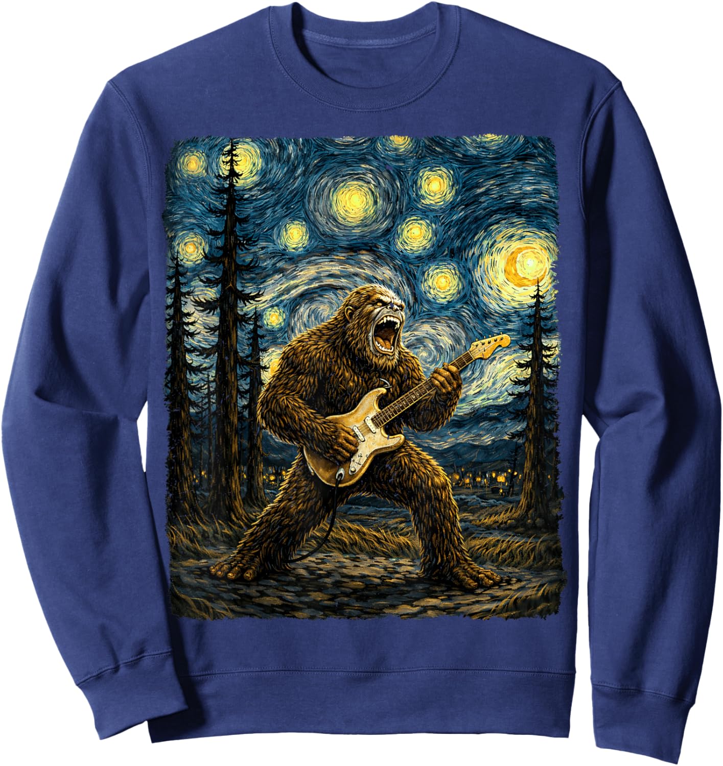 Bigfoot Playing Guitar in Starry Night Van Gogh Graphic Sweatshirt - Sweatshirt | Navy