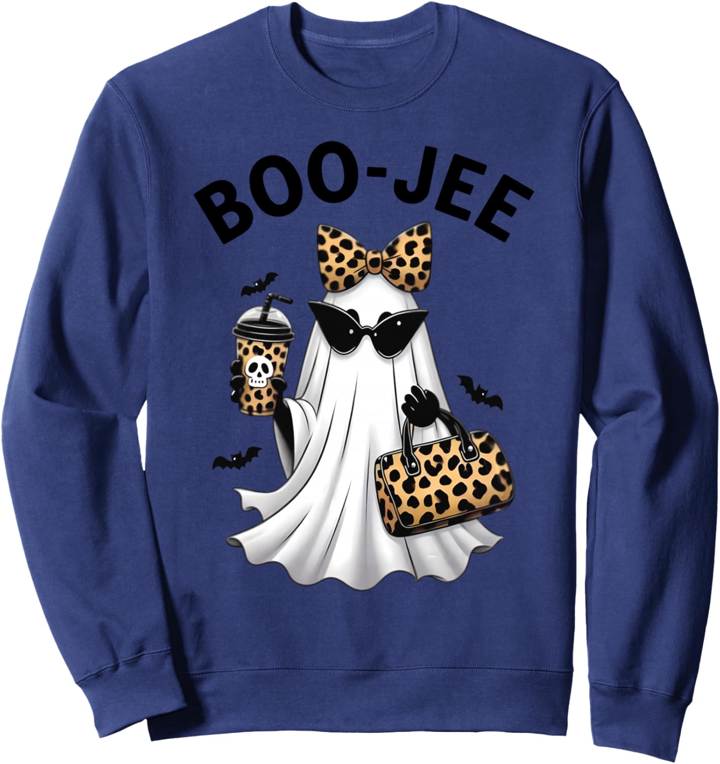 Boo-JEE Halloween Boujee Ghost Coquette Leopard Ghost Coffee Sweatshirt - Sweatshirt | Navy