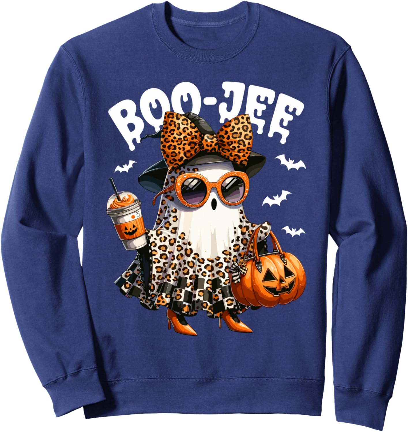 Boo Jee Ghost Boojee Leopard Bow Spooky Vibes Halloween Sweatshirt - Sweatshirt | Navy