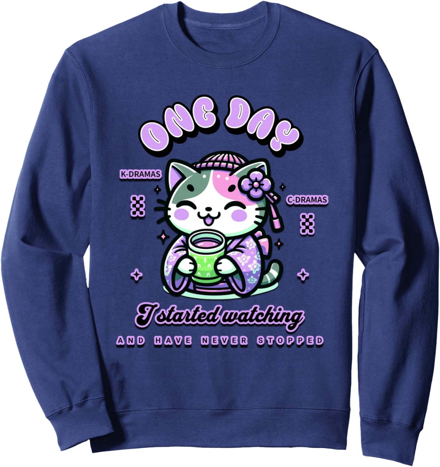 Cute Cat Watching K-Dramas and C-Dramas Sweatshirt - Sweatshirt | Navy