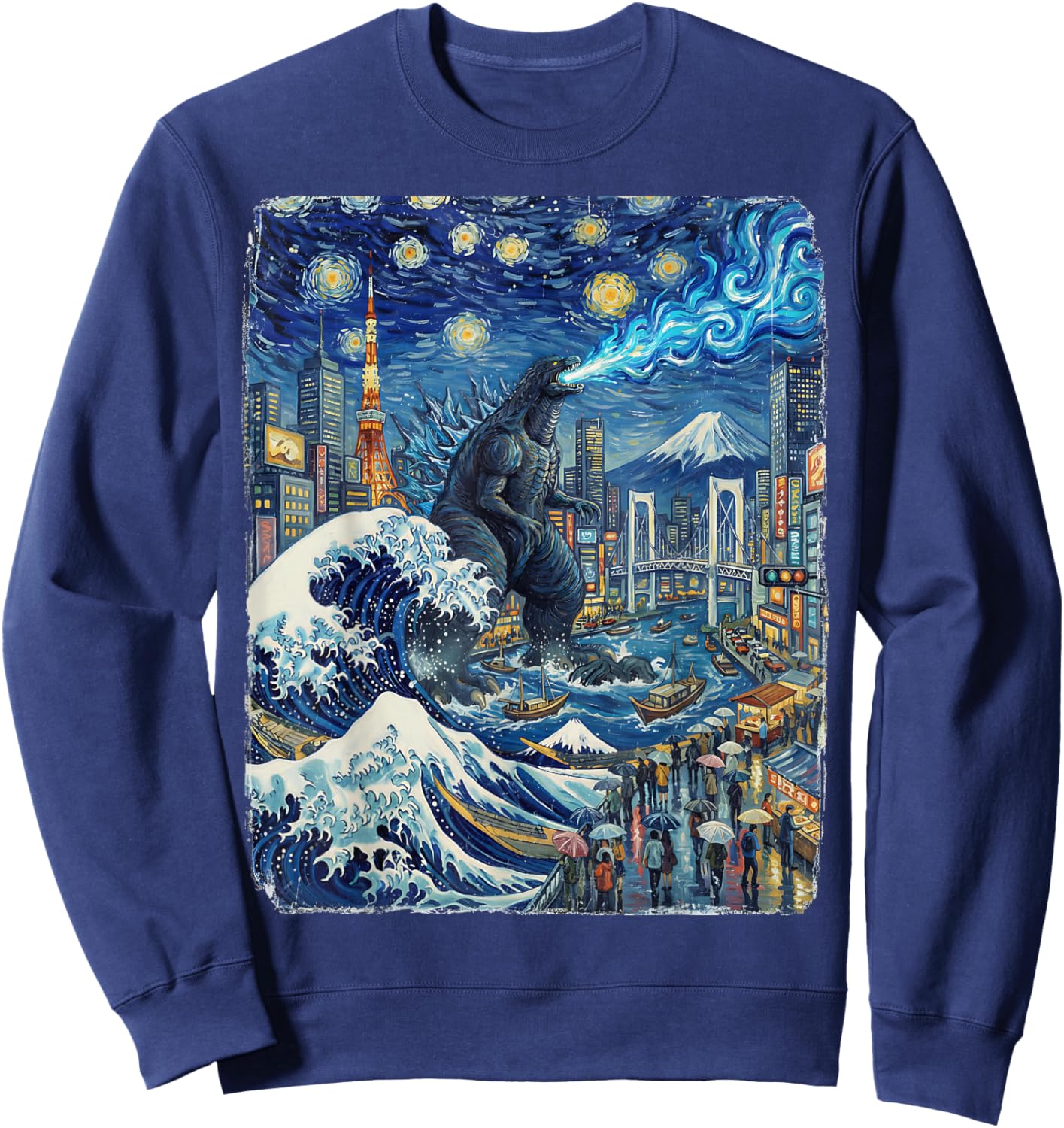 Kaiju Monster Japanese Anime Vangogh Painting Art Graphic Sweatshirt - Sweatshirt | Navy