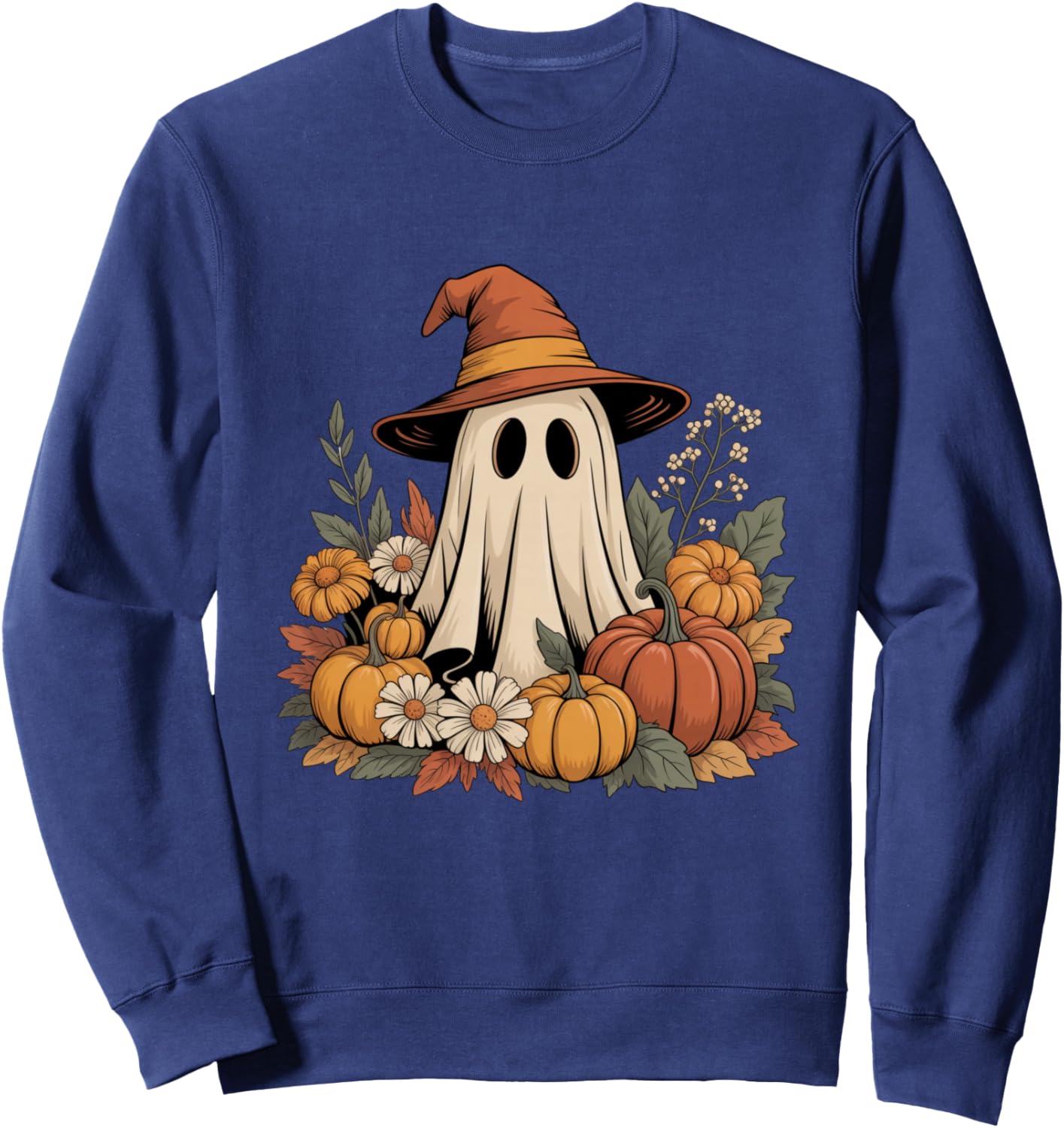 Cute Ghost with Pumpkins and Flowers Halloween Sweatshirt - Sweatshirt | Navy