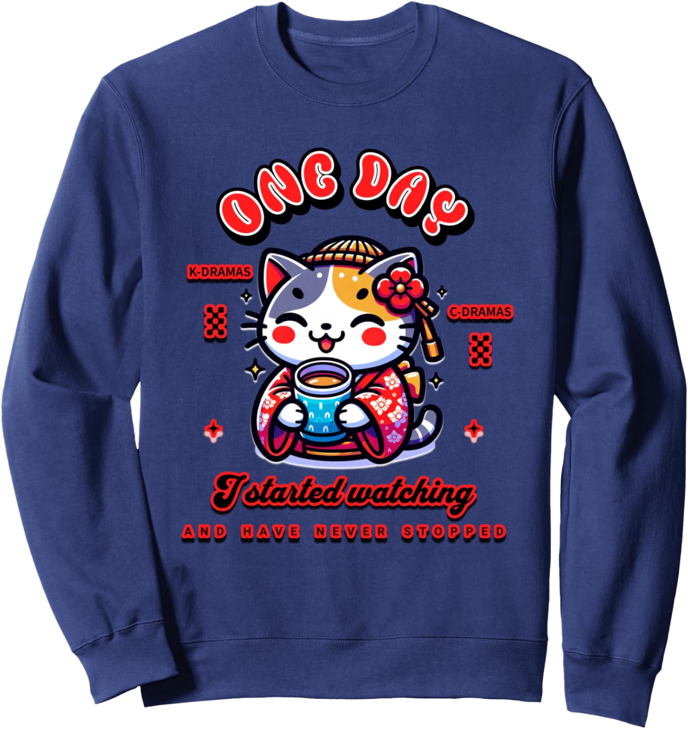 Cute Cat Watching K-Dramas and C-Dramas Sweatshirt - Sweatshirt | Navy