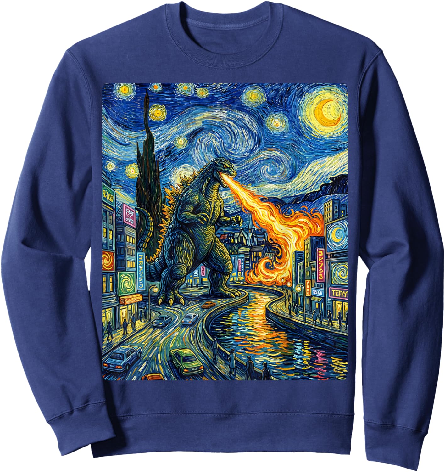 Kaiju Monster Japanese Vangogh starrynight City Vintage Sweatshirt - Sweatshirt | Navy