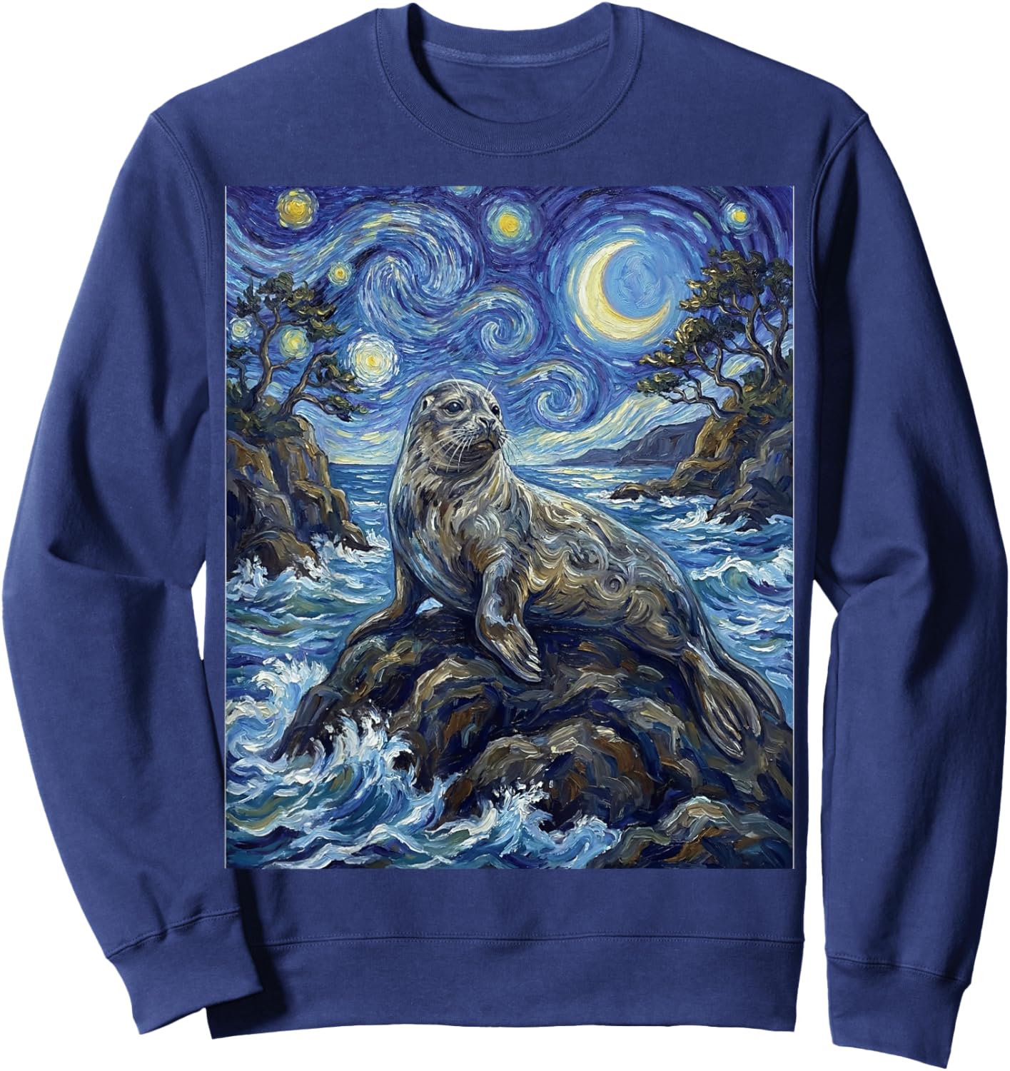 Seal Starry Night Art Painting Style Seal Sea Lion Sweatshirt - Sweatshirt | Navy