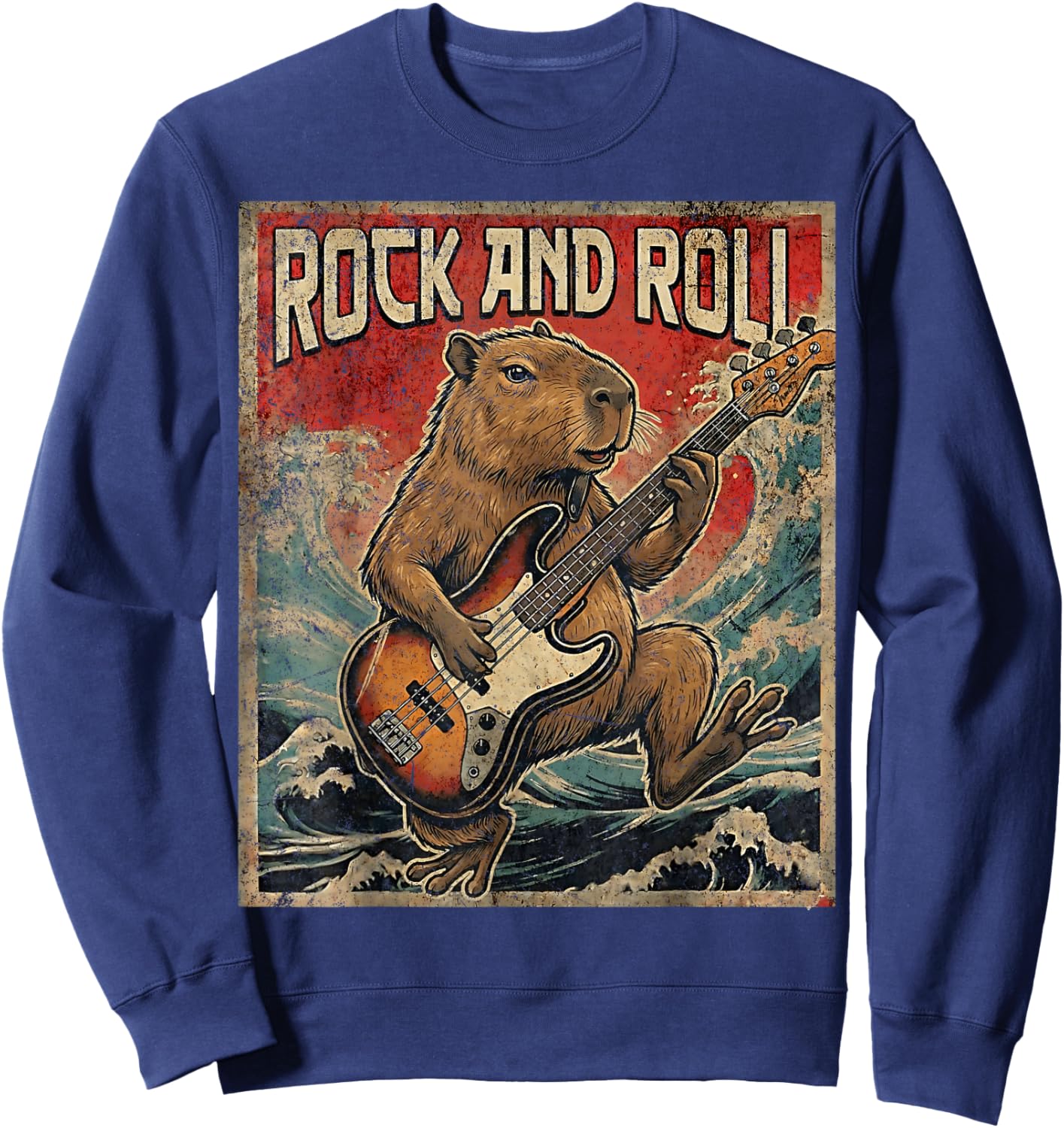 Capybara Playing Guitar Rock On Vintage Guitarist Capybara Sweatshirt - Sweatshirt | Navy