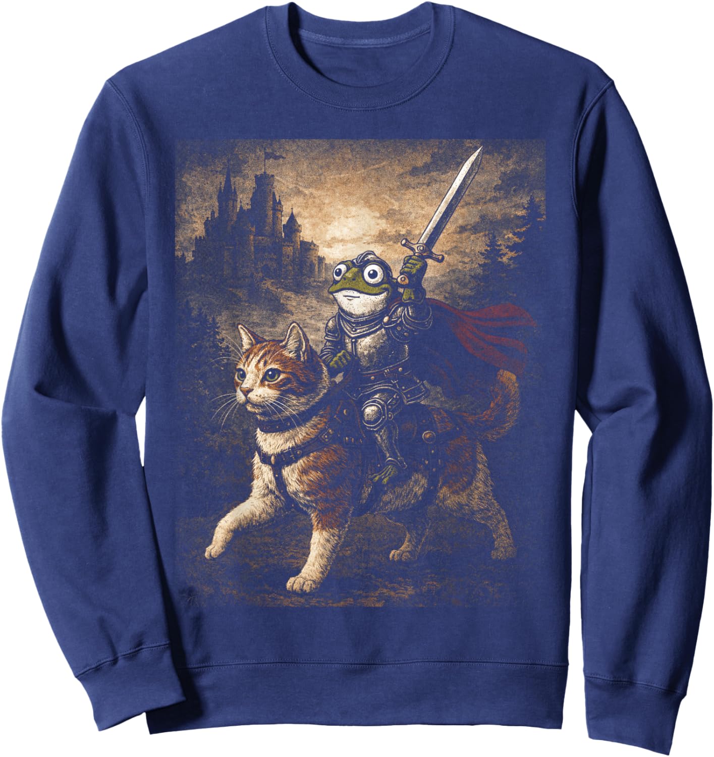 Funny Medieval Frog Knight Riding Cat Sword Meme Animal Sweatshirt - Sweatshirt | Navy