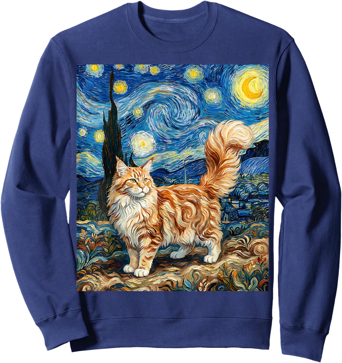 Maine Coon Cat Starry Night Van Gogh Inspired Cat Maine Coon Sweatshirt - Sweatshirt | Navy