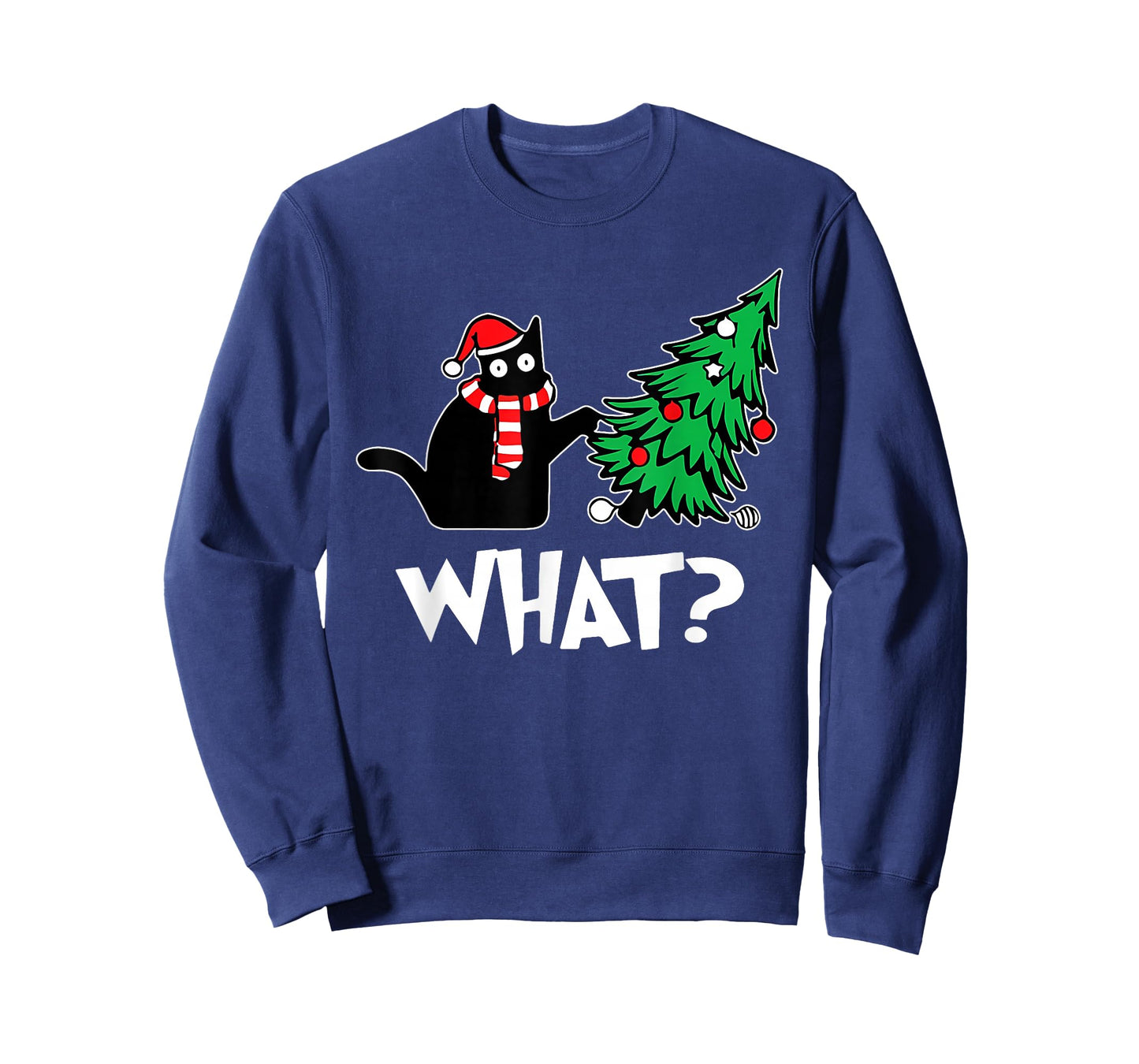 Funny Black Cat Xmas Pushing Christmas Tree Over Cat What? T-Shirt