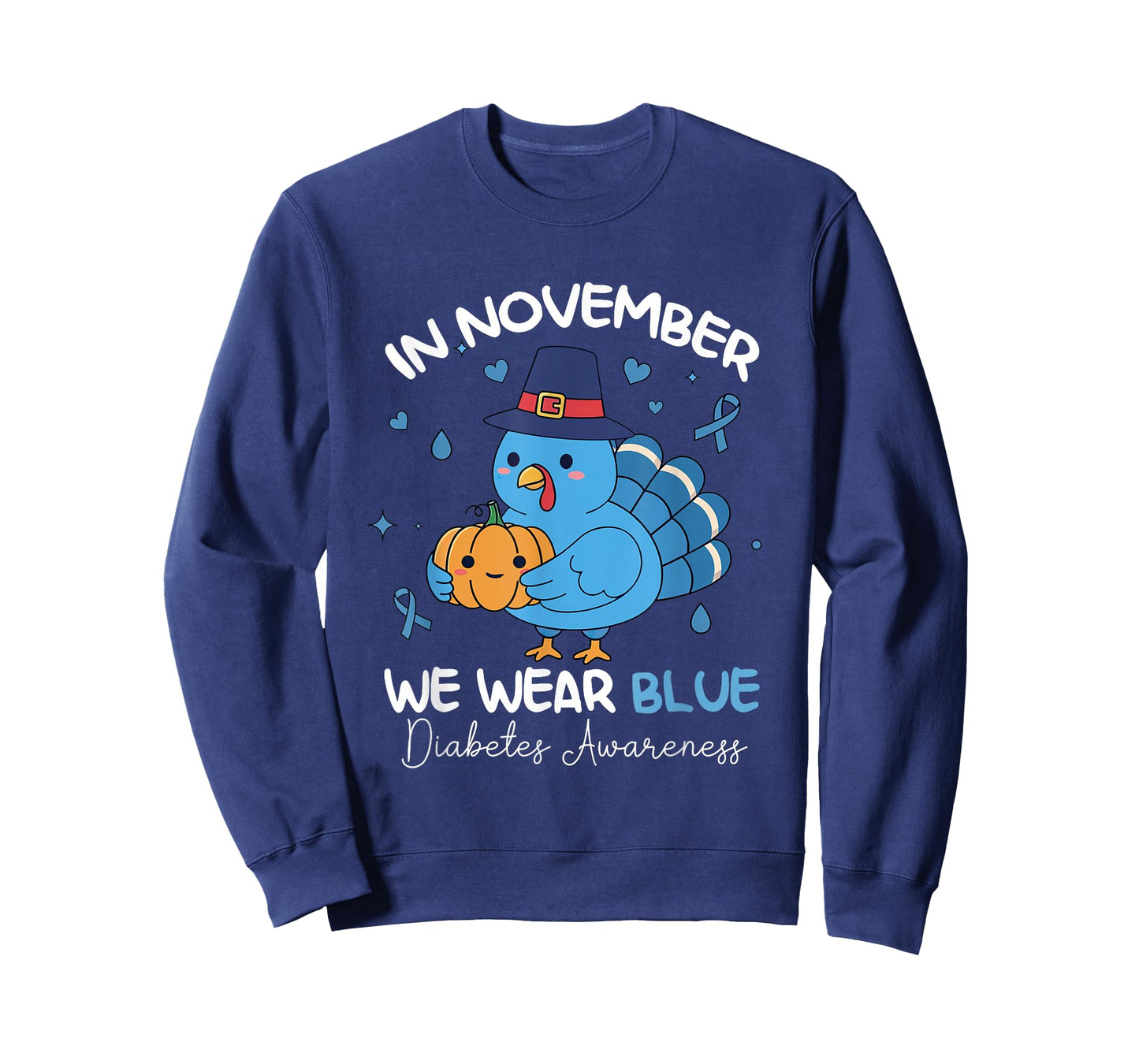 in November We Wear-Blue Diabetes Awareness Turkey Pumpkin T-Shirt