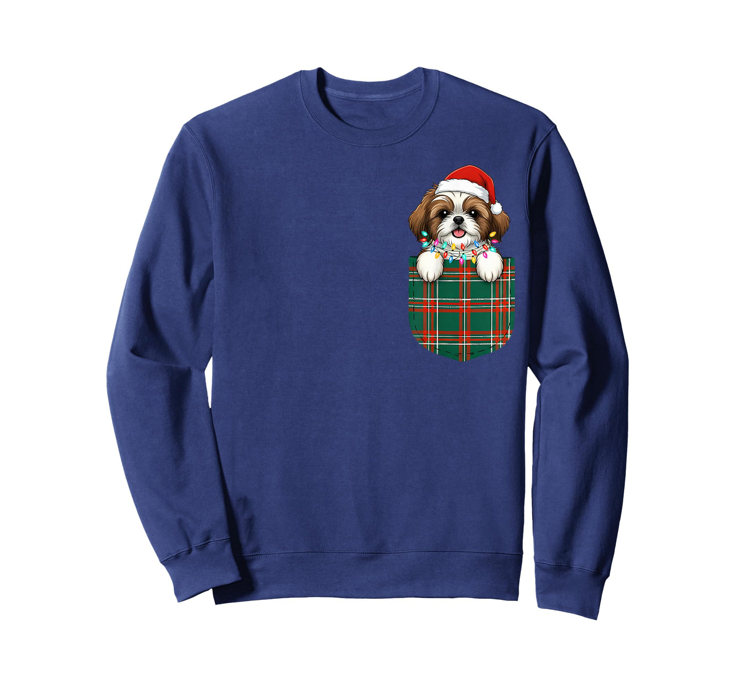Shih Tzu Buffalo Plaid Green Red White Pocket Christmas T-Shirt