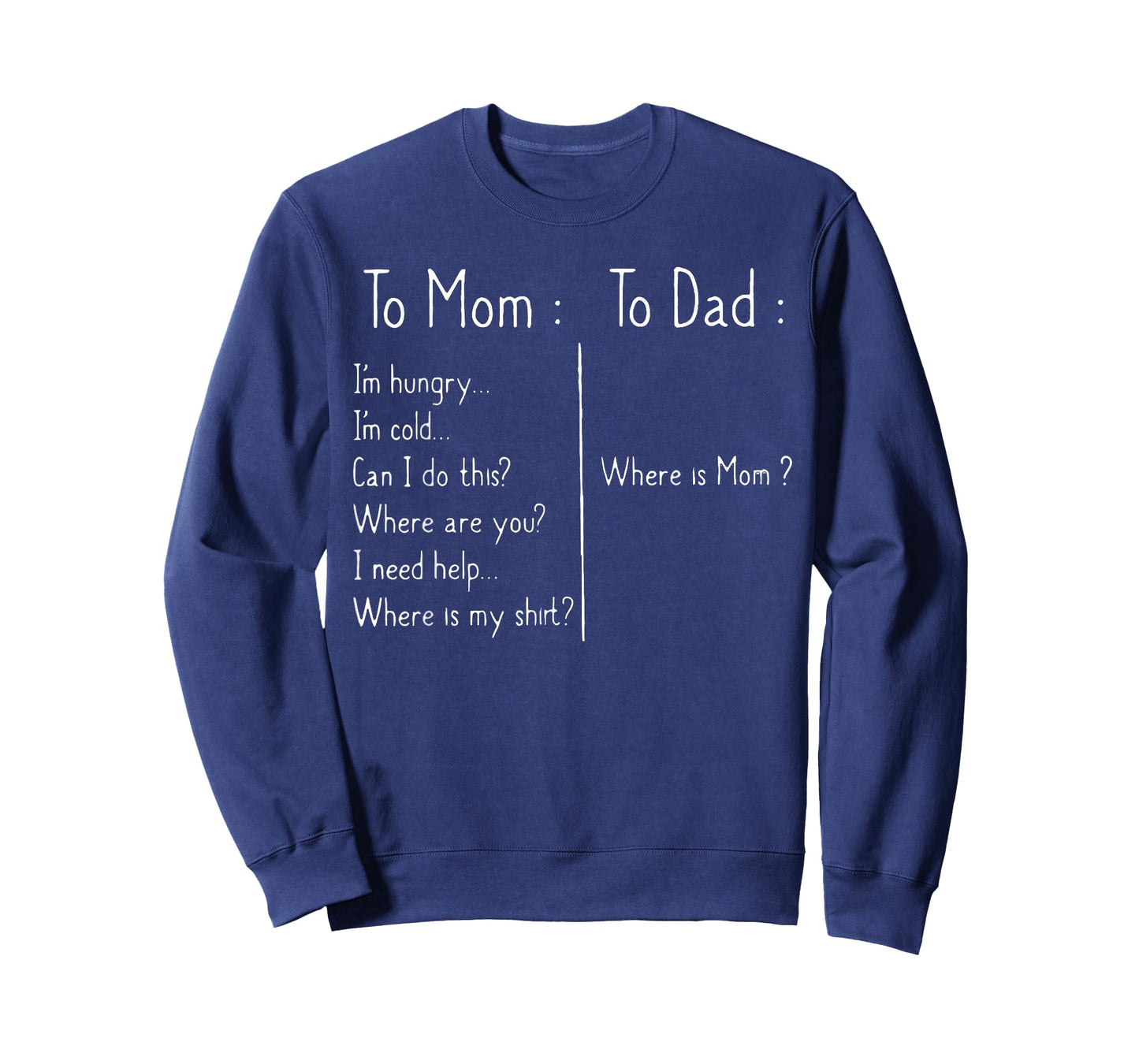 to Mom I'm Hungry I'm Hot I'm Cold to Dad Where is Mom Funny T-Shirt