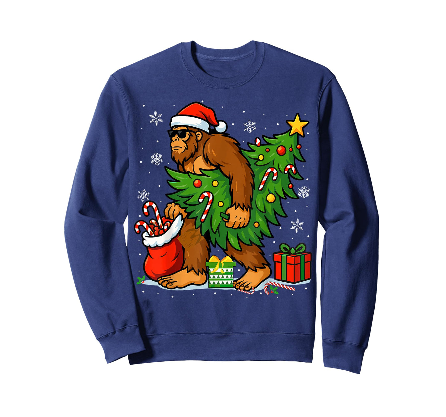 Santa Bigfoot Christmas Tree Xmas Lights Funny Sasquatch T-Shirt