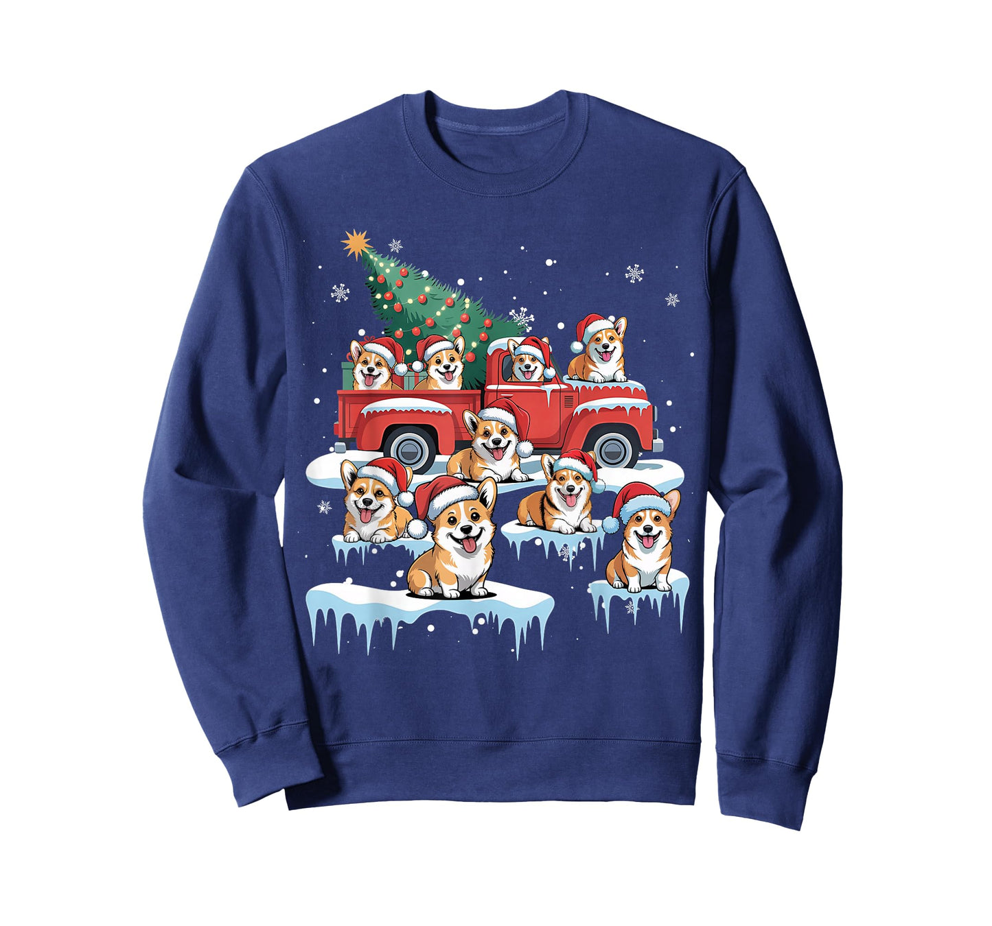 Corgi Dog Riding Red Truck Ugly Sweater Merry Christmas T-Shirt