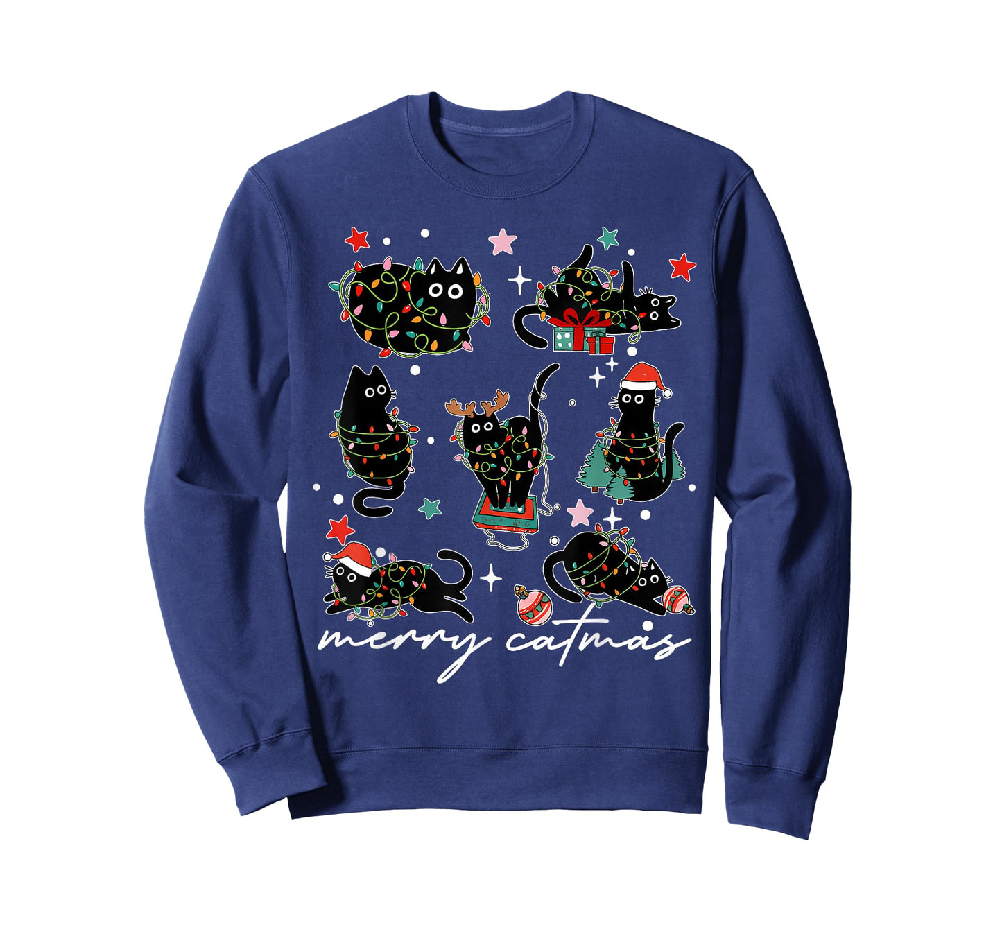 Cat Christmas Light Reindeer Santa Christmas Cat Lover T-Shirt