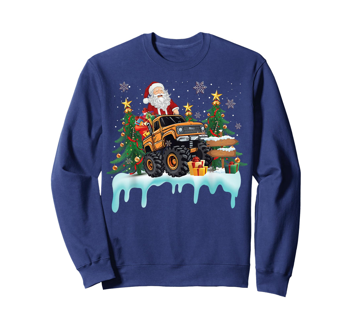Santa Riding Monster Truck Christmas Tree Boys Girls Kids T-Shirt