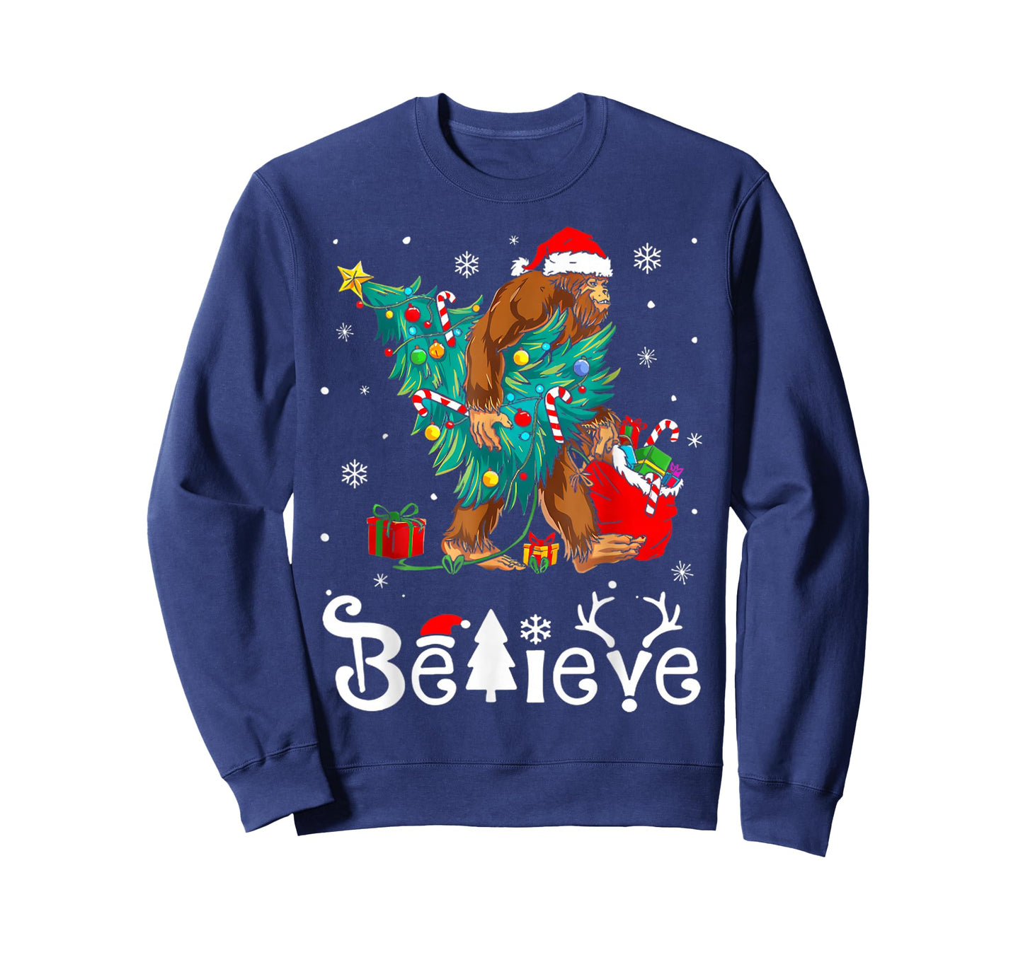 Santa Bigfoot Christmas Tree Xmas Lights Boys Men Sasquax T-Shirt